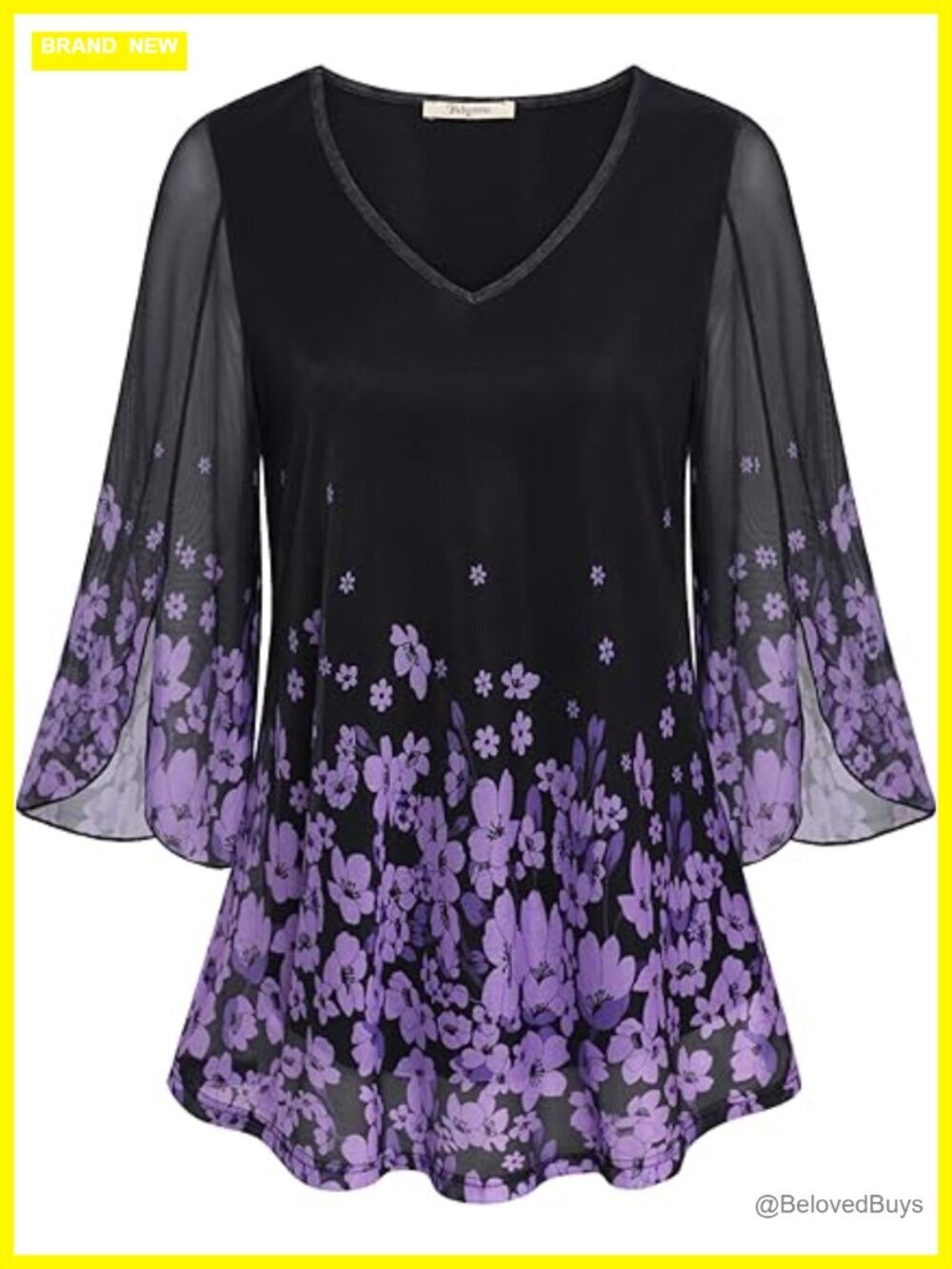 Ruffle 3/4 Sleeve V Neck Double Layer Mesh Tunic Top Loose Fit Flowy
